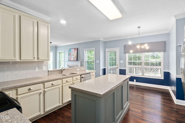 614 Park York Ln, Cary, NC 27519 - kitchen featuring cream cabinets, stainless steel dishwasher, dark wood-style floors, a textured ceiling, and tasteful backsplash