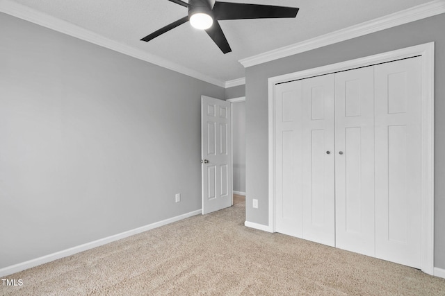 614 Park York Ln, Cary, NC 27519 - unfurnished bedroom featuring carpet floors, ornamental molding, a closet, and ceiling fan