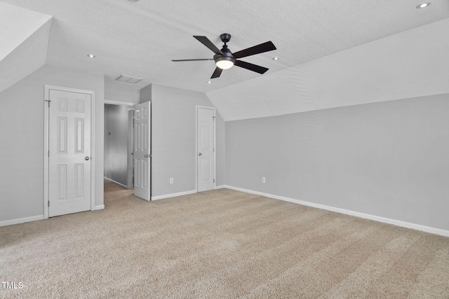 614 Park York Ln, Cary, NC 27519 - additional living space featuring ceiling fan, vaulted ceiling, carpet flooring, a textured ceiling, and recessed lighting