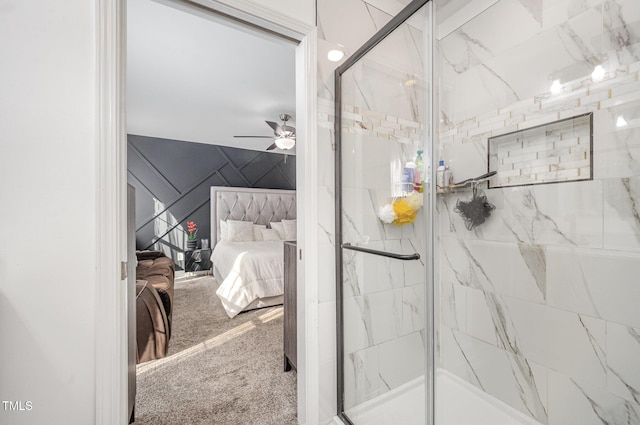 1405 Currituck Ave, Dunn, NC 28334 - bathroom with connected bathroom, a stall shower, and ceiling fan