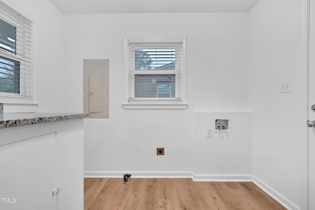 1804 Charles St, Raleigh, NC 27610 - laundry area with electric panel, hookup for an electric dryer, hookup for a washing machine, and light wood finished floors