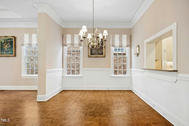 4137 Gardenlake Dr, Raleigh, NC 27612 - unfurnished dining area featuring a chandelier and ornamental molding