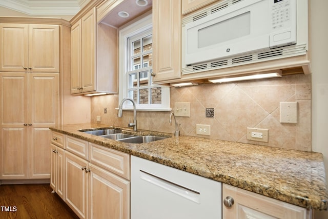 4137 Gardenlake Dr, Raleigh, NC 27612 - kitchen with white appliances, backsplash, light stone counters, crown molding, and dark wood-type flooring