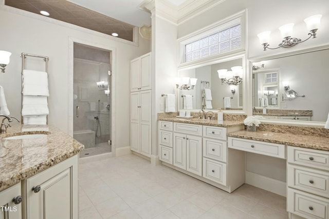 4137 Gardenlake Dr, Raleigh, NC 27612 - bathroom featuring a stall shower, two vanities, and tile patterned flooring