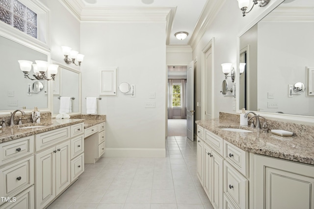 4137 Gardenlake Dr, Raleigh, NC 27612 - bathroom featuring crown molding, two vanities, tile patterned flooring, and a chandelier