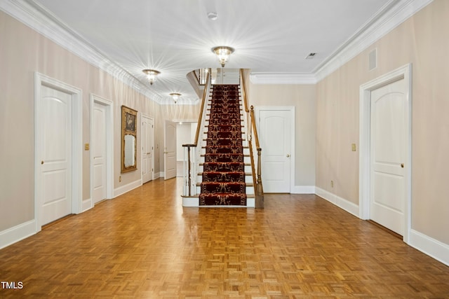 4137 Gardenlake Dr, Raleigh, NC 27612 - unfurnished living room featuring stairs and crown molding