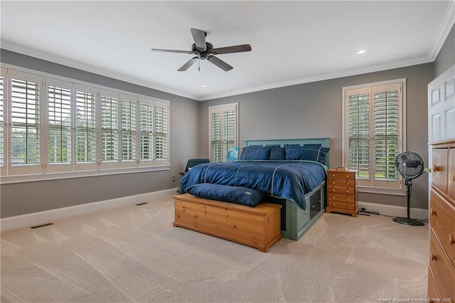 9871 Ramsey St, Linden, NC 28356 - carpeted bedroom with multiple windows, ornamental molding, recessed lighting, and a ceiling fan