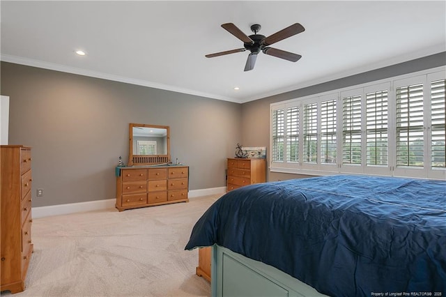 9871 Ramsey St, Linden, NC 28356 - bedroom with ornamental molding, light colored carpet, recessed lighting, and ceiling fan
