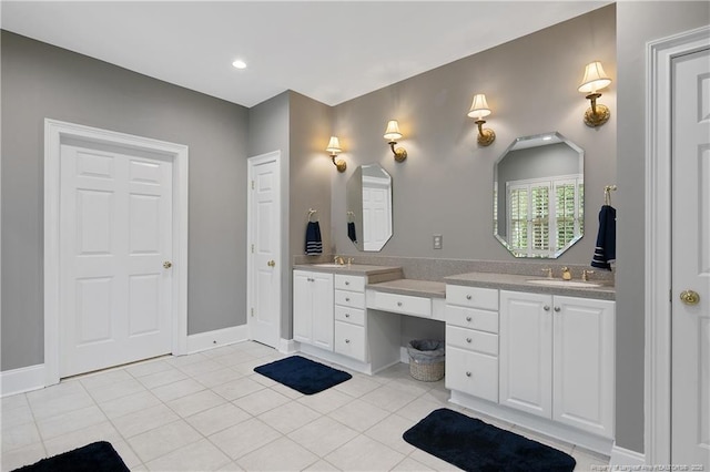 9871 Ramsey St, Linden, NC 28356 - bathroom featuring double vanity, tile patterned floors, and recessed lighting
