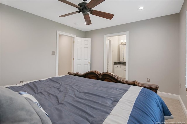 9871 Ramsey St, Linden, NC 28356 - bedroom with recessed lighting, carpet, a ceiling fan, and ensuite bathroom
