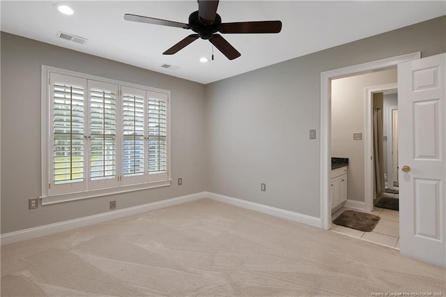 9871 Ramsey St, Linden, NC 28356 - spare room featuring light colored carpet, ceiling fan, and recessed lighting