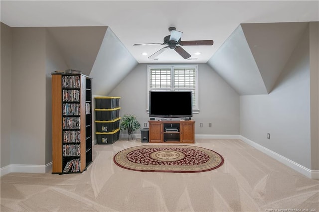 9871 Ramsey St, Linden, NC 28356 - living room with light carpet, lofted ceiling, and a ceiling fan
