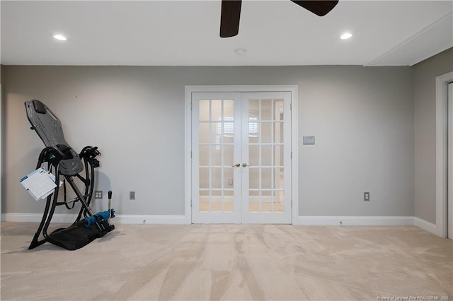 9871 Ramsey St, Linden, NC 28356 - exercise area with french doors, ceiling fan, carpet floors, and recessed lighting