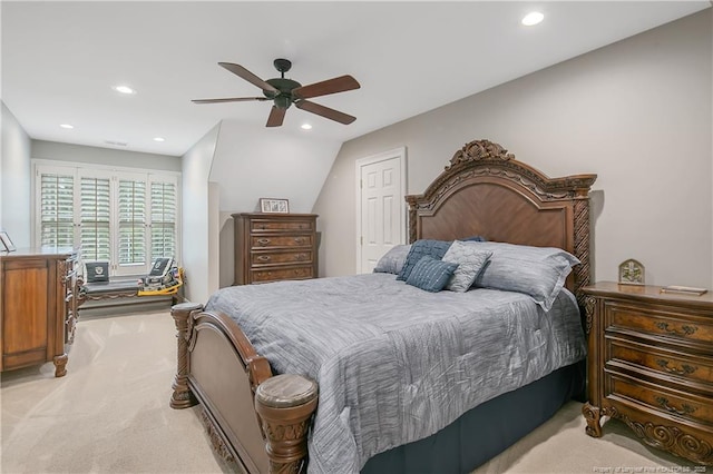 9871 Ramsey St, Linden, NC 28356 - bedroom with light colored carpet, recessed lighting, and a ceiling fan