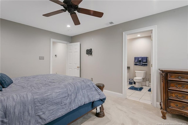 9871 Ramsey St, Linden, NC 28356 - bedroom with recessed lighting, light carpet, ensuite bathroom, light tile patterned floors, and a ceiling fan