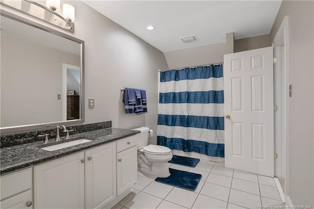 9871 Ramsey St, Linden, NC 28356 - bathroom with vanity, tile patterned floors, a shower with curtain, and recessed lighting