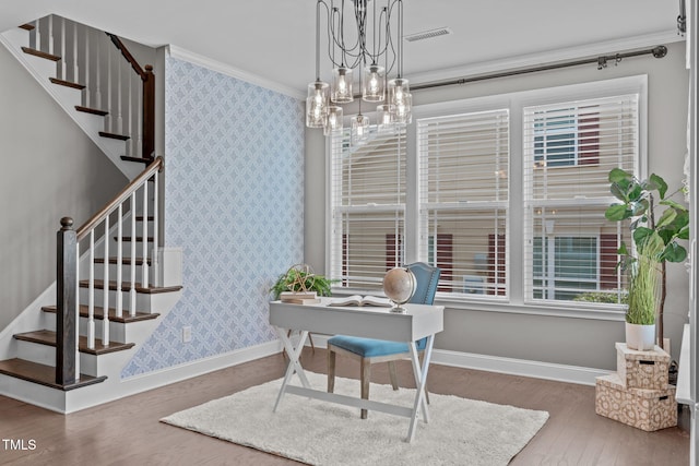 113 Willow View Ln, Apex, NC 27539 - office area featuring wallpapered walls, wood finished floors, crown molding, and a chandelier