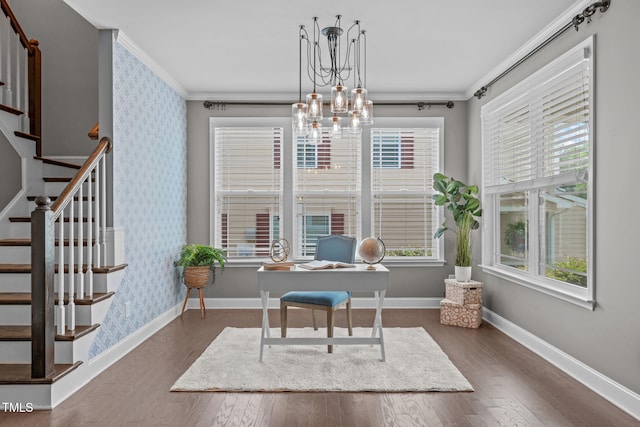 113 Willow View Ln, Apex, NC 27539 - office area featuring ornamental molding, wallpapered walls, plenty of natural light, wood finished floors, and a chandelier