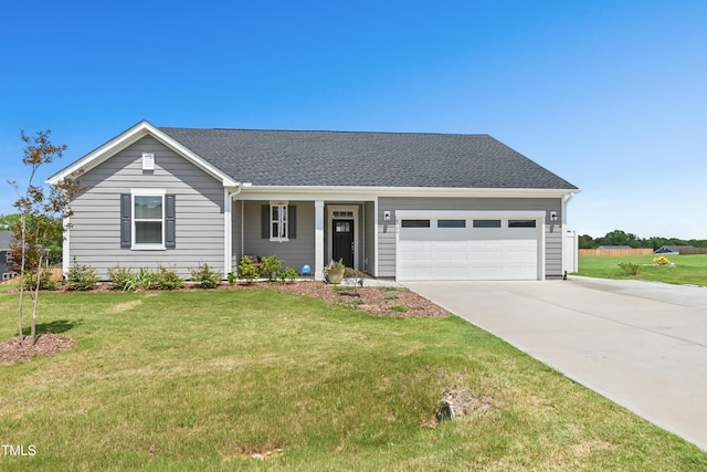 6109 Oak Passage Dr, Raleigh, NC 27603 - ranch-style home with an attached garage, concrete driveway, a front lawn, and a shingled roof