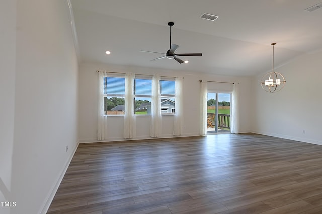 6109 Oak Passage Dr, Raleigh, NC 27603 - unfurnished room featuring ceiling fan, a chandelier, wood finished floors, vaulted ceiling, and recessed lighting