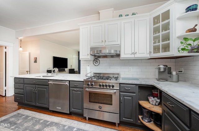 513 Cutler St, Raleigh, NC 27603 - kitchen with appliances with stainless steel finishes, gray cabinetry, white cabinets, open shelves, and ornamental molding