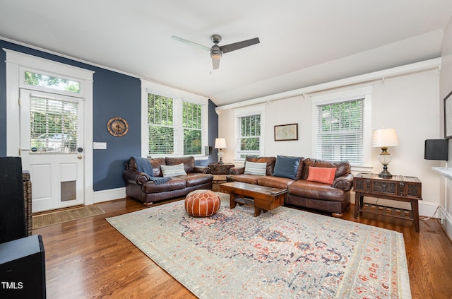 513 Cutler St, Raleigh, NC 27603 - living area with wood finished floors, a ceiling fan, and plenty of natural light