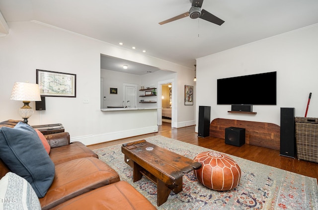 513 Cutler St, Raleigh, NC 27603 - living room featuring ceiling fan, wood finished floors, recessed lighting, and crown molding