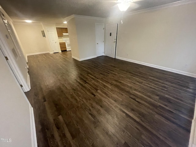 3603 Helix Ct Unit 102, Raleigh, NC 27606 - unfurnished living room with crown molding, dark wood-type flooring, a ceiling fan, and a textured ceiling