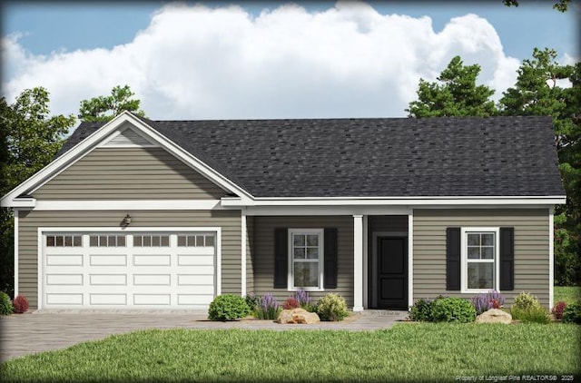 92 Dalton Dr, Fayetteville, NC 28357 - view of front of house featuring driveway, a garage, a front yard, covered porch, and a shingled roof