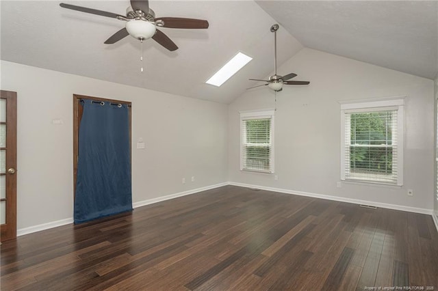 5621 Monks Walk Ct, Fayetteville, NC 28311 - empty room with a ceiling fan, dark wood finished floors, lofted ceiling, and a skylight
