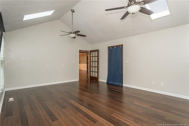 5621 Monks Walk Ct, Fayetteville, NC 28311 - empty room with a skylight, ceiling fan, dark wood-style flooring, and high vaulted ceiling