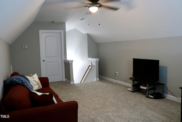 71 Beaver Creek Dr, Dunn, NC 28334 - living area with an upstairs landing, vaulted ceiling, carpet, and ceiling fan