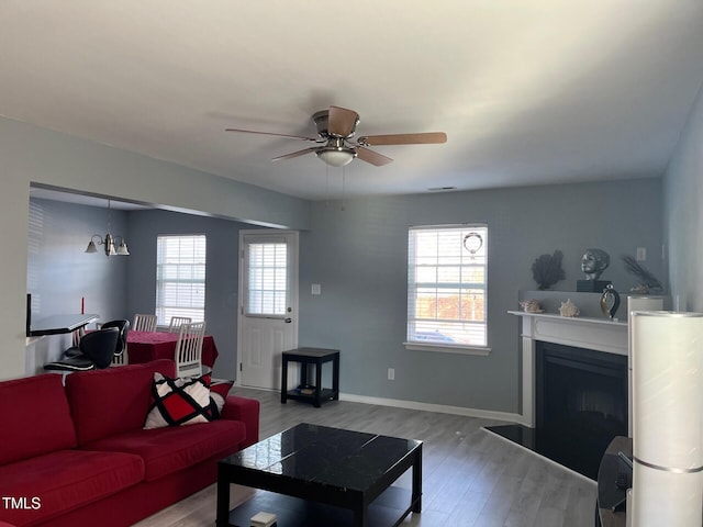 8836 Thornton Garden Ln, Raleigh, NC 27616 - living room featuring a ceiling fan, wood finished floors, and a fireplace