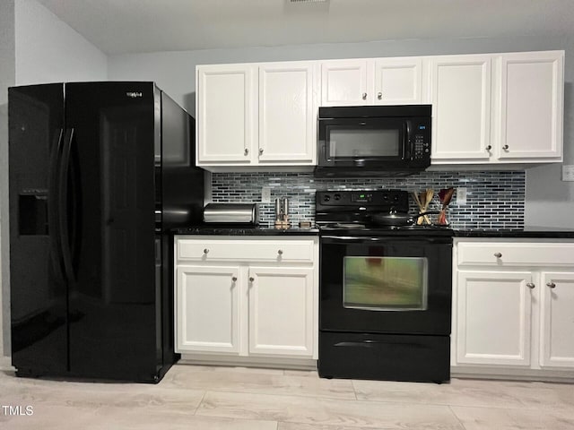 8836 Thornton Garden Ln, Raleigh, NC 27616 - kitchen with black appliances, white cabinetry, dark countertops, and tasteful backsplash
