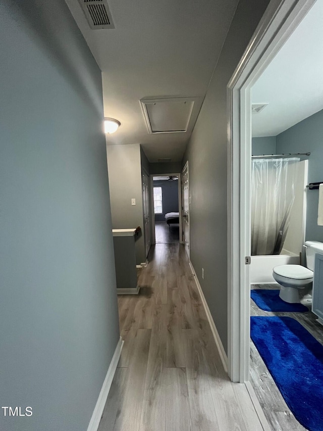 8836 Thornton Garden Ln, Raleigh, NC 27616 - corridor featuring wood finished floors and attic access