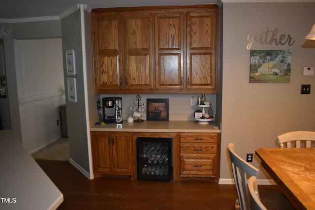 9 Pinecourt Dr, Siler City, NC 27344 - indoor dry bar featuring beverage cooler, ornamental molding, and dark wood-style floors