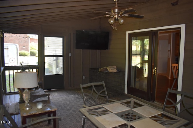 9 Pinecourt Dr, Siler City, NC 27344 - living area featuring lofted ceiling, a ceiling fan, and dark wood-style flooring