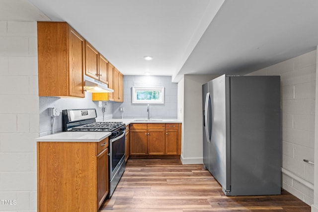 3309 Bearskin Ct, Raleigh, NC 27606 - kitchen with appliances with stainless steel finishes, under cabinet range hood, light wood-style floors, and light countertops