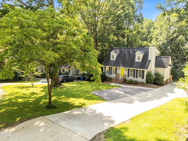 3309 Bearskin Ct, Raleigh, NC 27606 - cape cod house with driveway, a front yard, a chimney, and roof with shingles