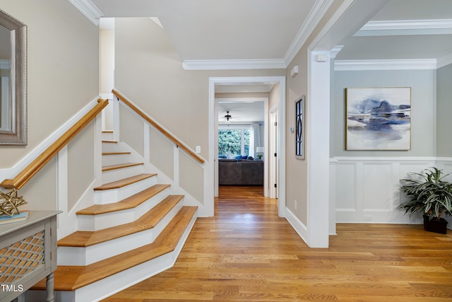 1013 Shasta Daisy Dr, Wake Forest, NC 27587 - stairs featuring wood finished floors, ornamental molding, a decorative wall, ceiling fan, and wainscoting