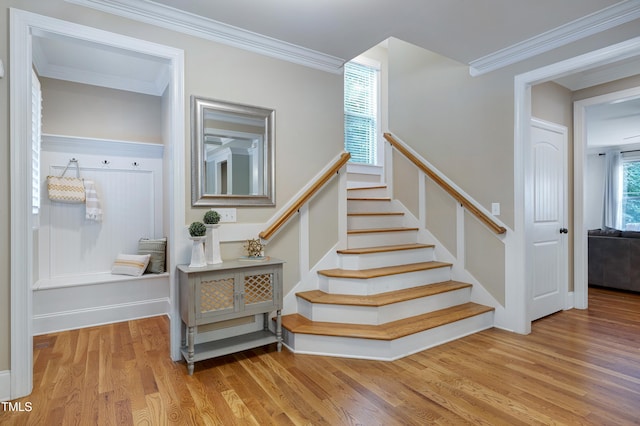 1013 Shasta Daisy Dr, Wake Forest, NC 27587 - staircase featuring wood finished floors and crown molding