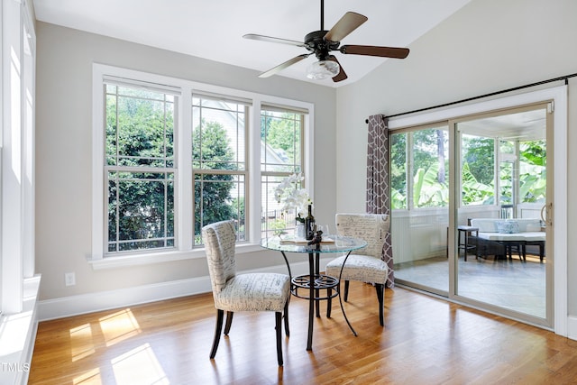 1013 Shasta Daisy Dr, Wake Forest, NC 27587 - dining area with plenty of natural light, a ceiling fan, wood finished floors, and lofted ceiling