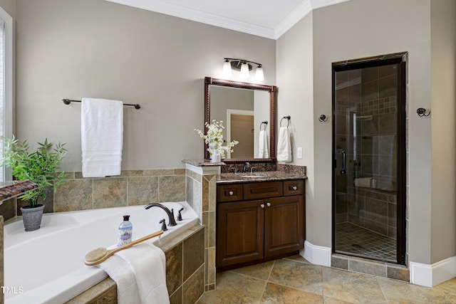 1013 Shasta Daisy Dr, Wake Forest, NC 27587 - full bath featuring vanity, ornamental molding, a garden tub, and a shower stall
