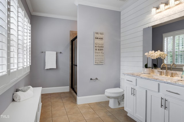 1013 Shasta Daisy Dr, Wake Forest, NC 27587 - full bathroom featuring vanity, a shower stall, tile patterned flooring, crown molding, and wooden walls