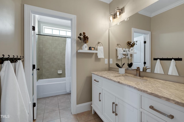 1013 Shasta Daisy Dr, Wake Forest, NC 27587 - full bath featuring crown molding, vanity, tile patterned flooring, and shower / tub combo