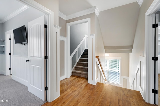 1013 Shasta Daisy Dr, Wake Forest, NC 27587 - staircase featuring ornamental molding, a decorative wall, wainscoting, and wood finished floors