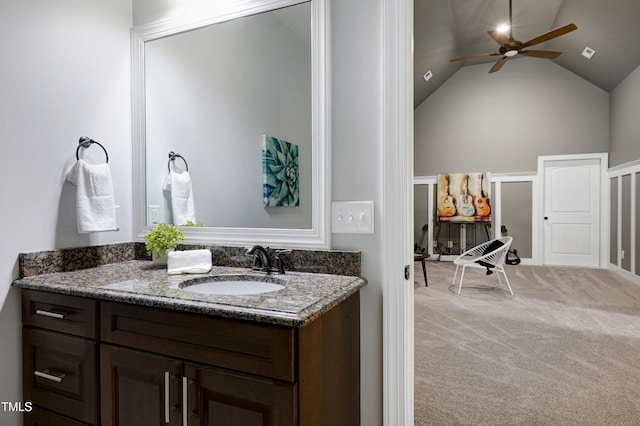 1013 Shasta Daisy Dr, Wake Forest, NC 27587 - bathroom with a ceiling fan, vanity, and vaulted ceiling
