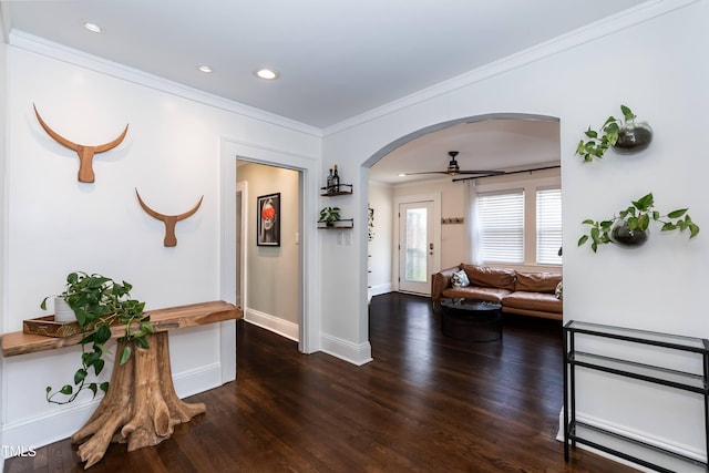 415 W Carver St, Durham, NC 27704 - hall featuring arched walkways, dark wood finished floors, ornamental molding, and recessed lighting