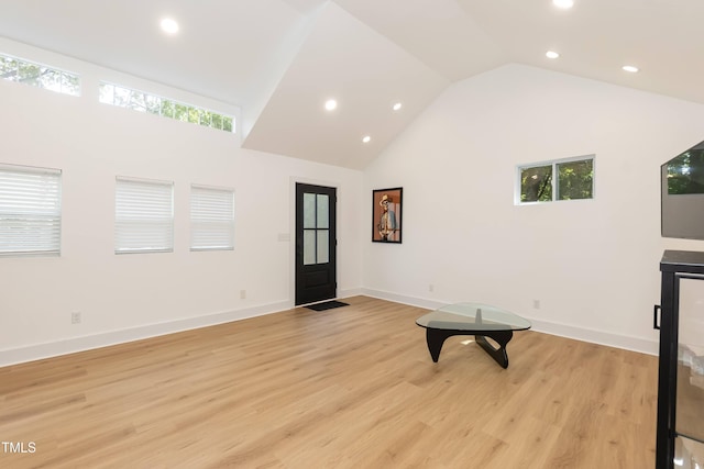 415 W Carver St, Durham, NC 27704 - unfurnished room featuring recessed lighting, high vaulted ceiling, plenty of natural light, and light wood-type flooring
