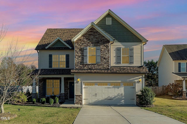2407 Cattail Pond Dr, Zebulon, NC 27597 - craftsman inspired home with stone siding, concrete driveway, an attached garage, and a porch